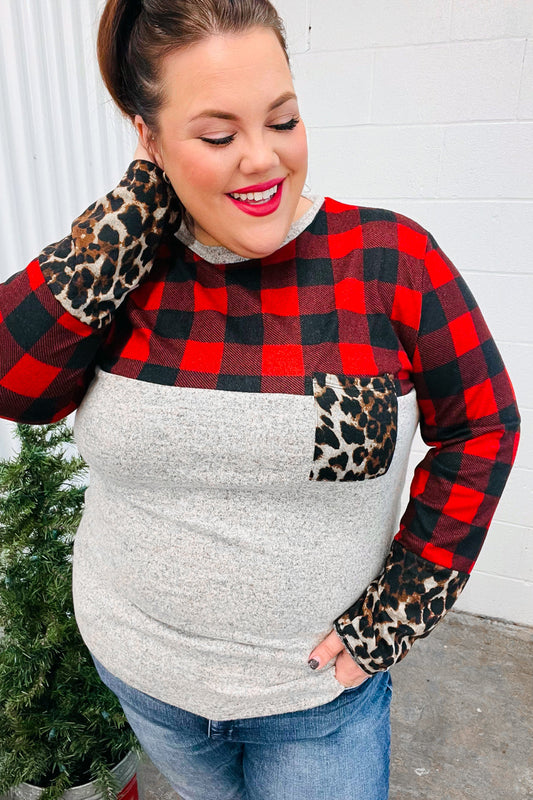 Grey & Red Plaid Animal Print Pocketed Top