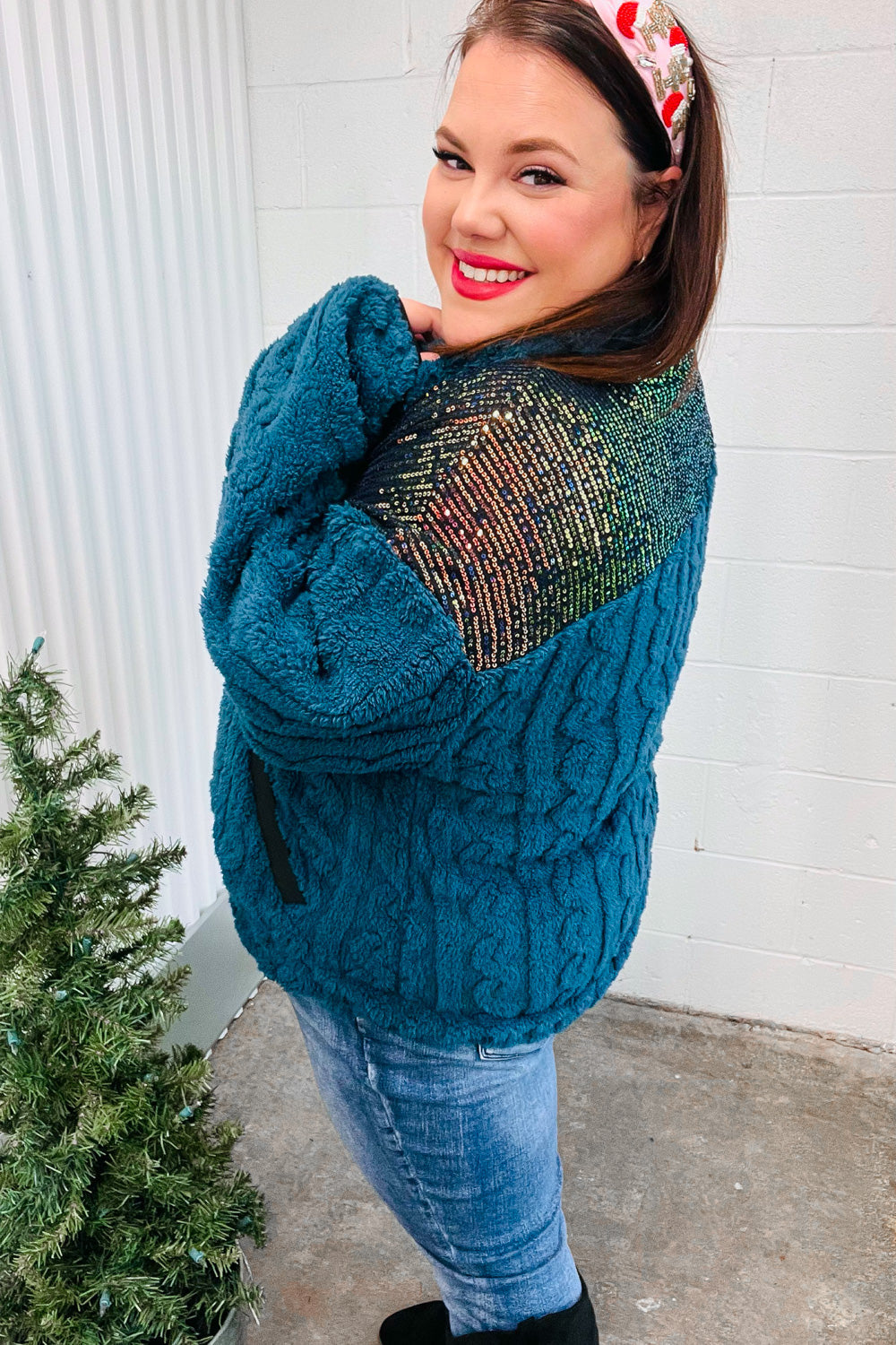 Teal Sequin & Sherpa Half Zip Pullover