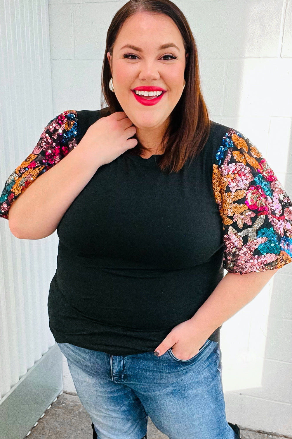 Black Sequin Floral Puff Sleeve Top