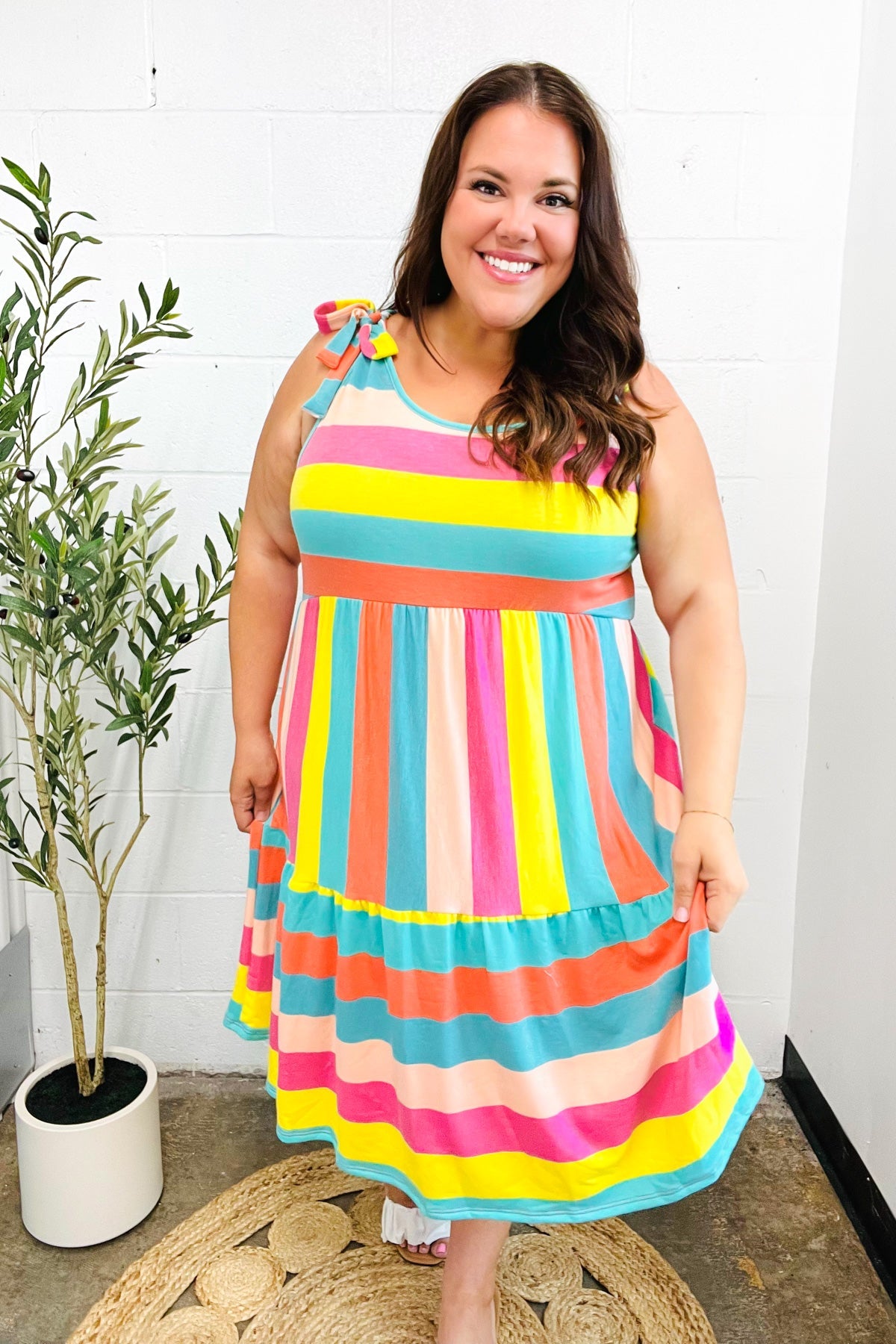 Rainbow Stripe Shoulder Tie Tiered Dress