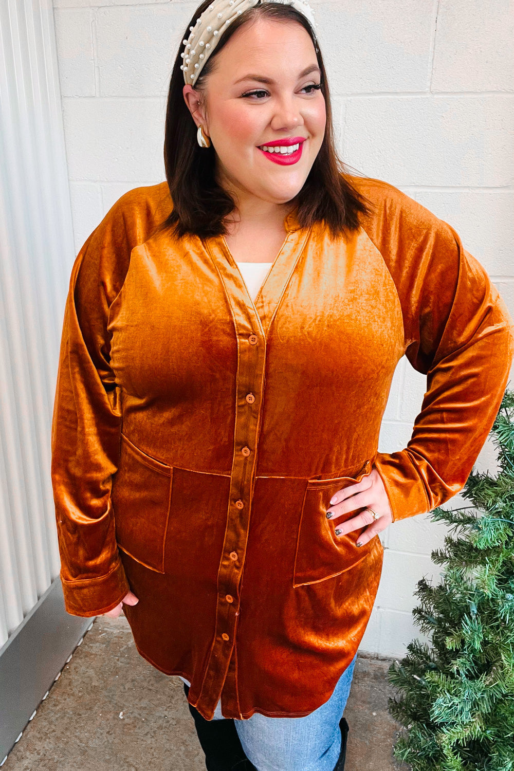 Rust Velvet Button Down Tunic Top