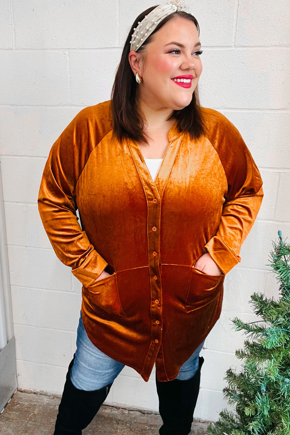 Rust Velvet Button Down Tunic Top