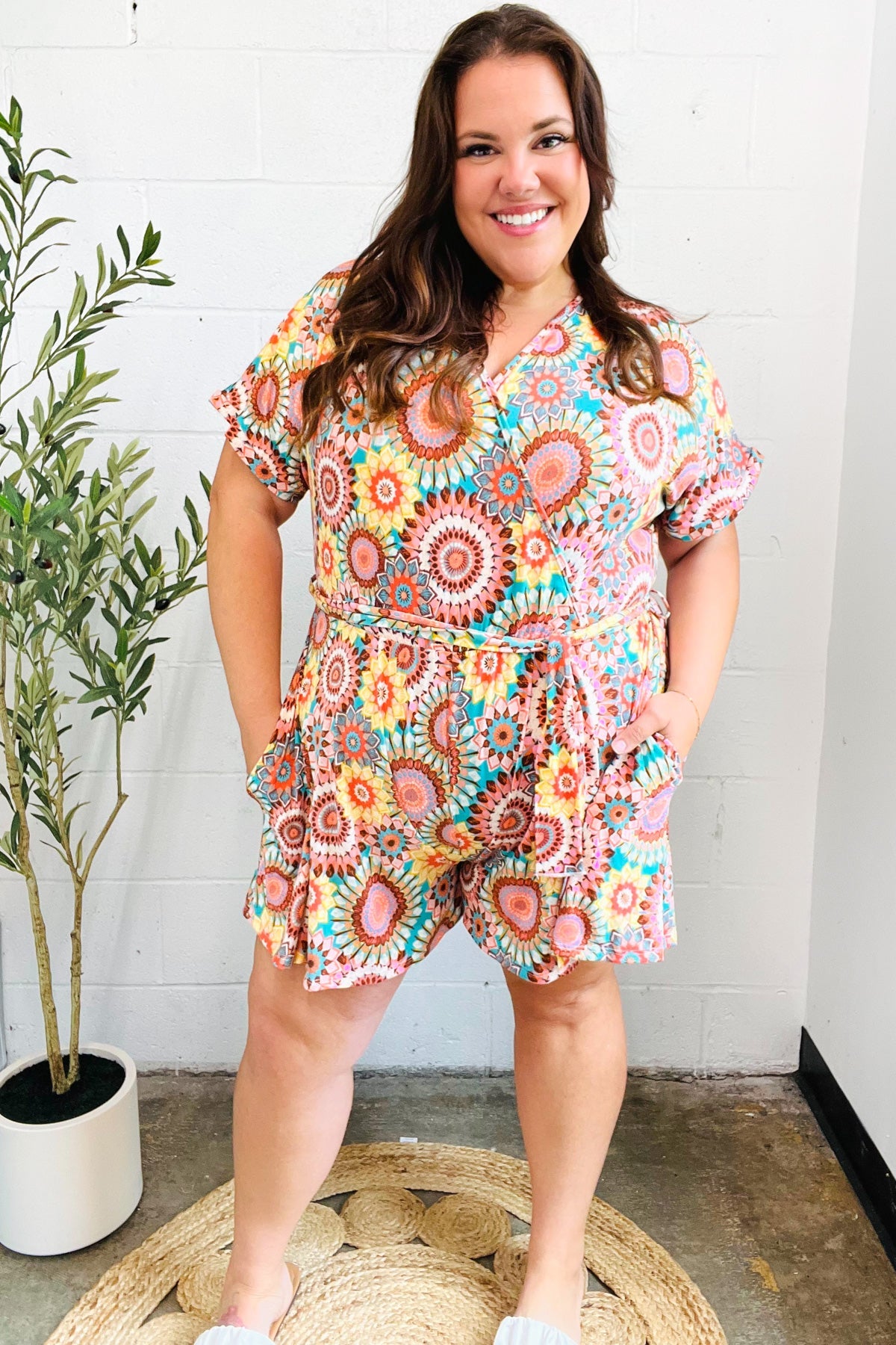 Multicolor Mandala Boho Surplice Tie Waist Romper