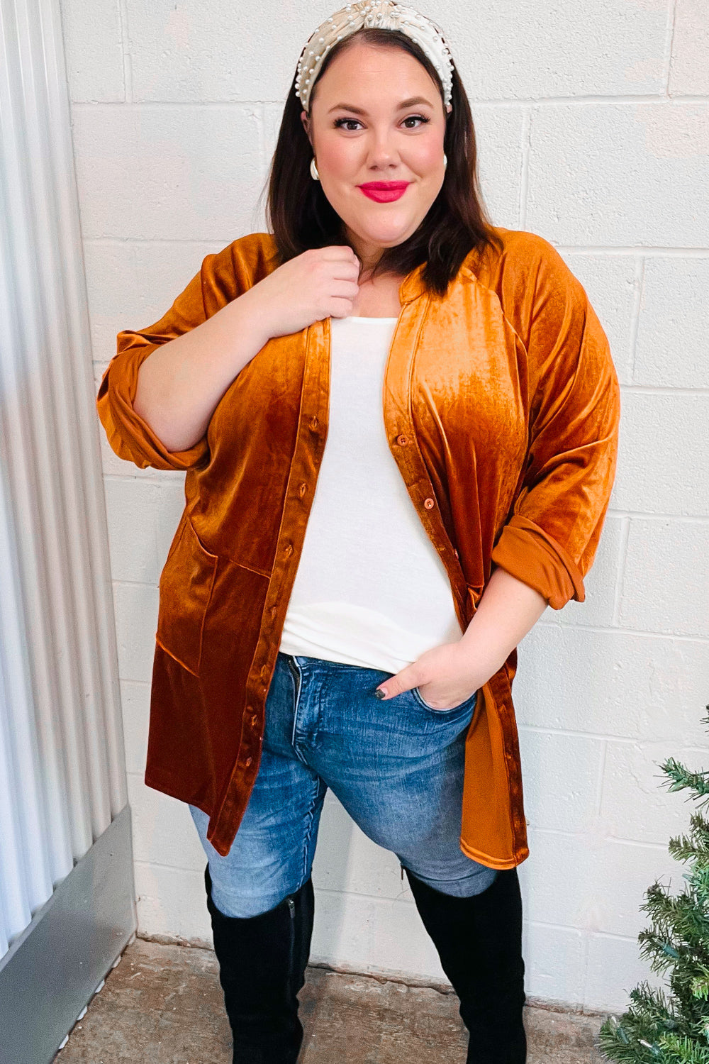 Rust Velvet Button Down Tunic Top