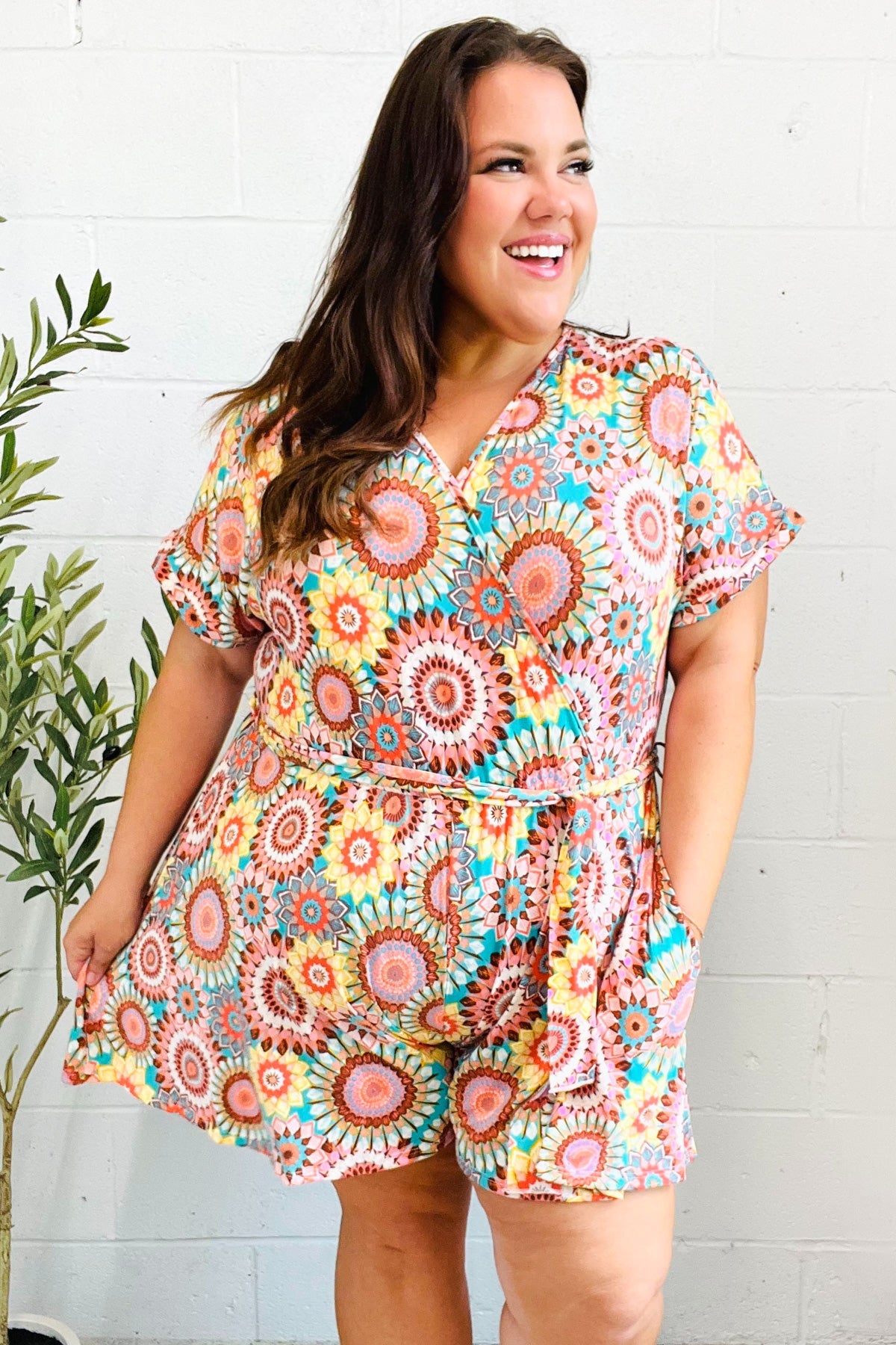 Multicolor Mandala Boho Surplice Tie Waist Romper