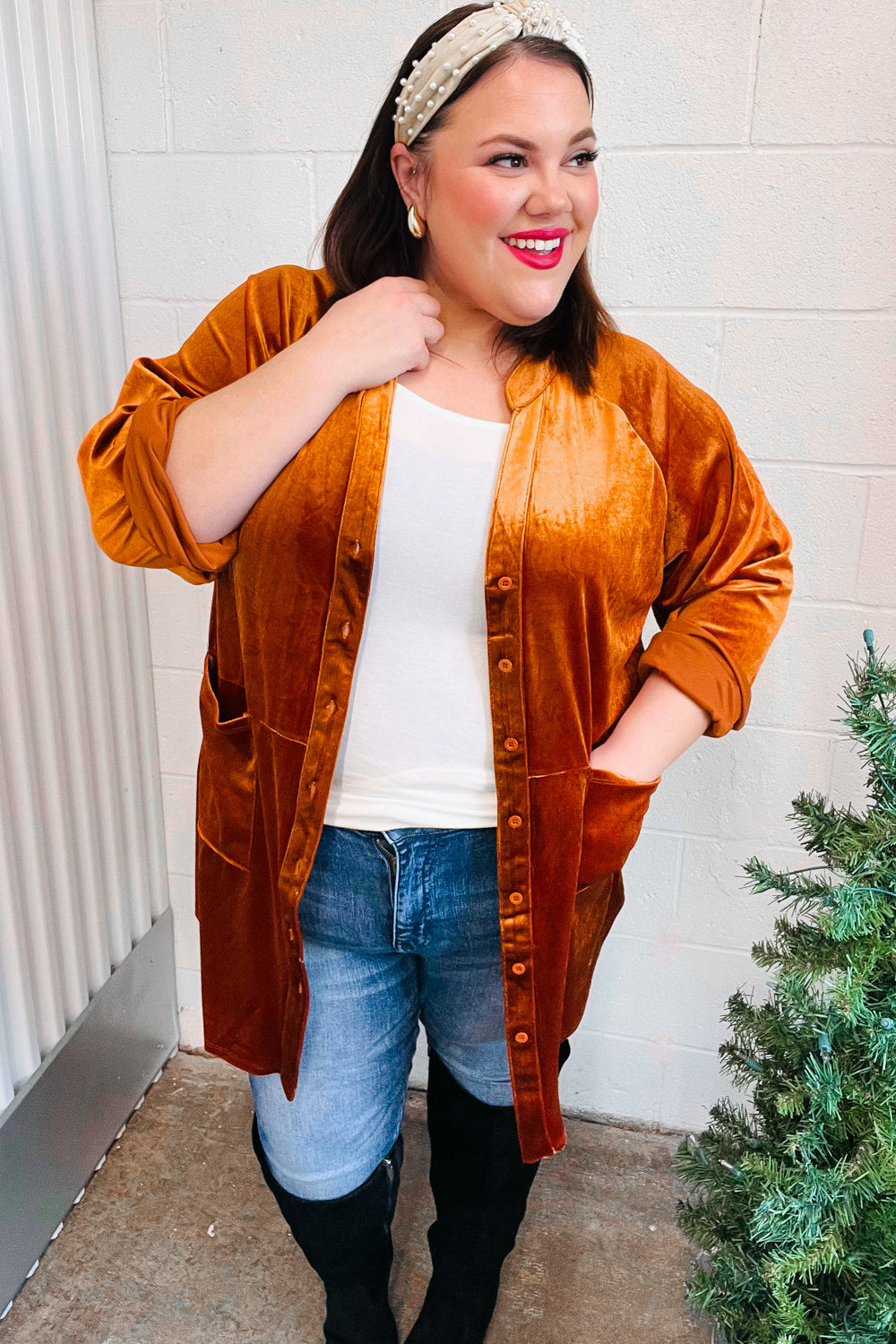 Rust Velvet Button Down Tunic Top