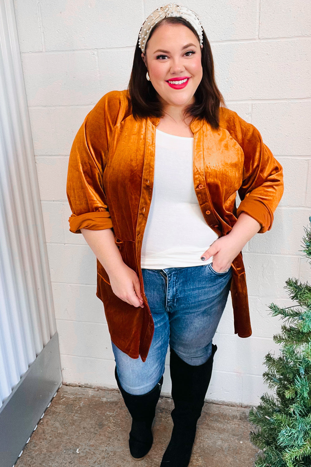 Rust Velvet Button Down Tunic Top