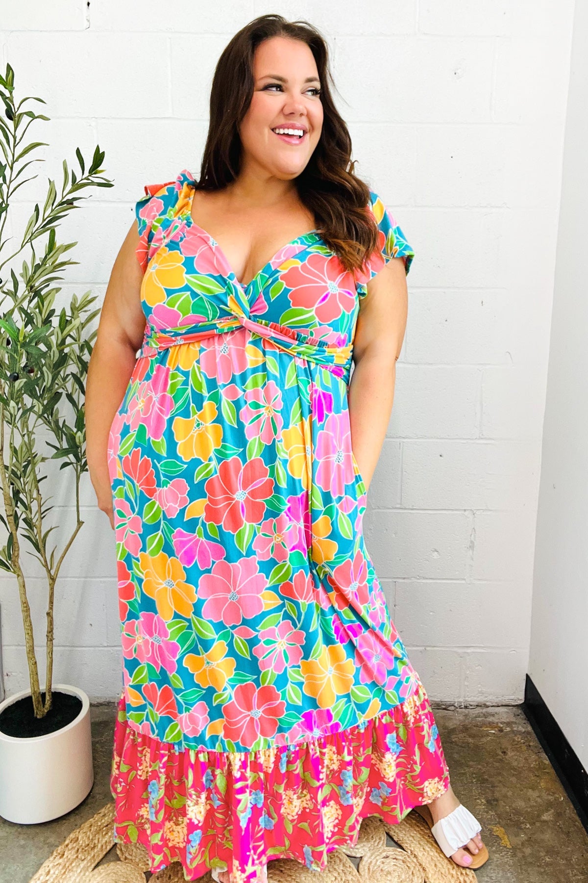 Blue Floral Sweetheart Twisted Neckline Maxi Dress