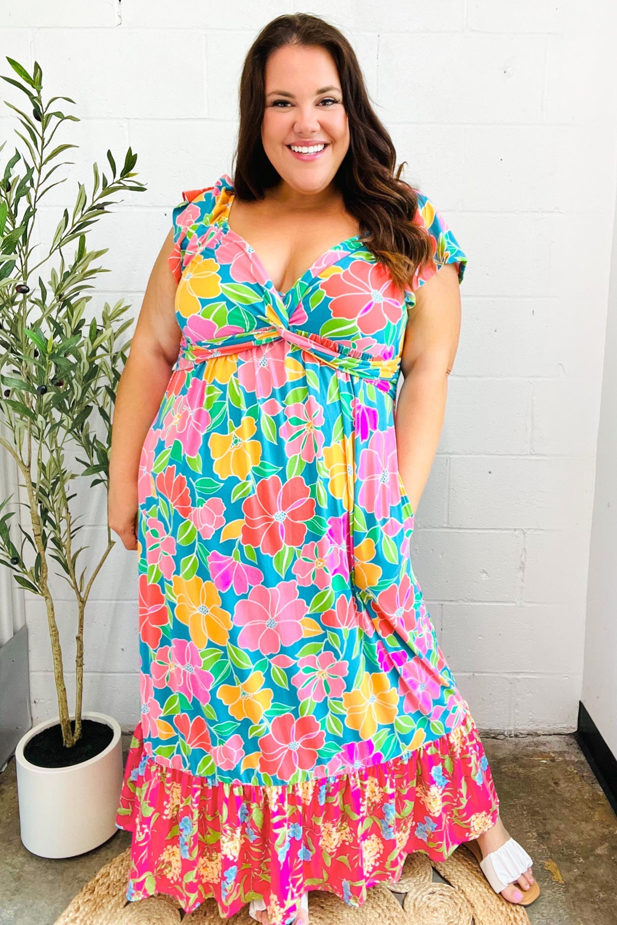 Blue Floral Sweetheart Twisted Neckline Maxi Dress