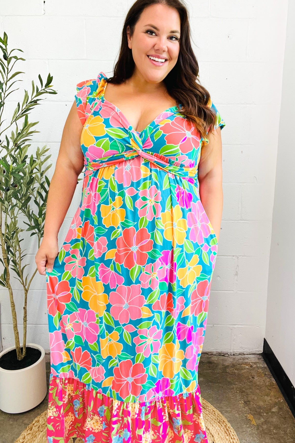 Blue Floral Sweetheart Twisted Neckline Maxi Dress