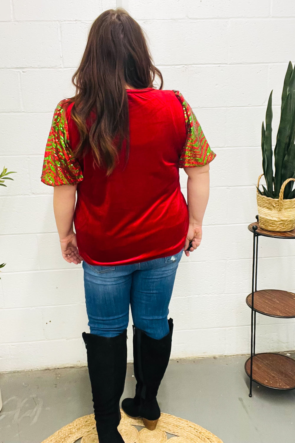 Red & Green Sequin Puff Sleeve Velvet Top