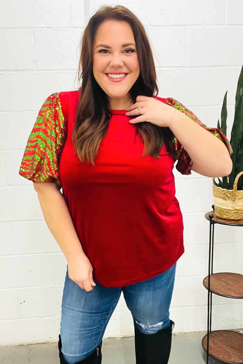 Red & Green Sequin Puff Sleeve Velvet Top