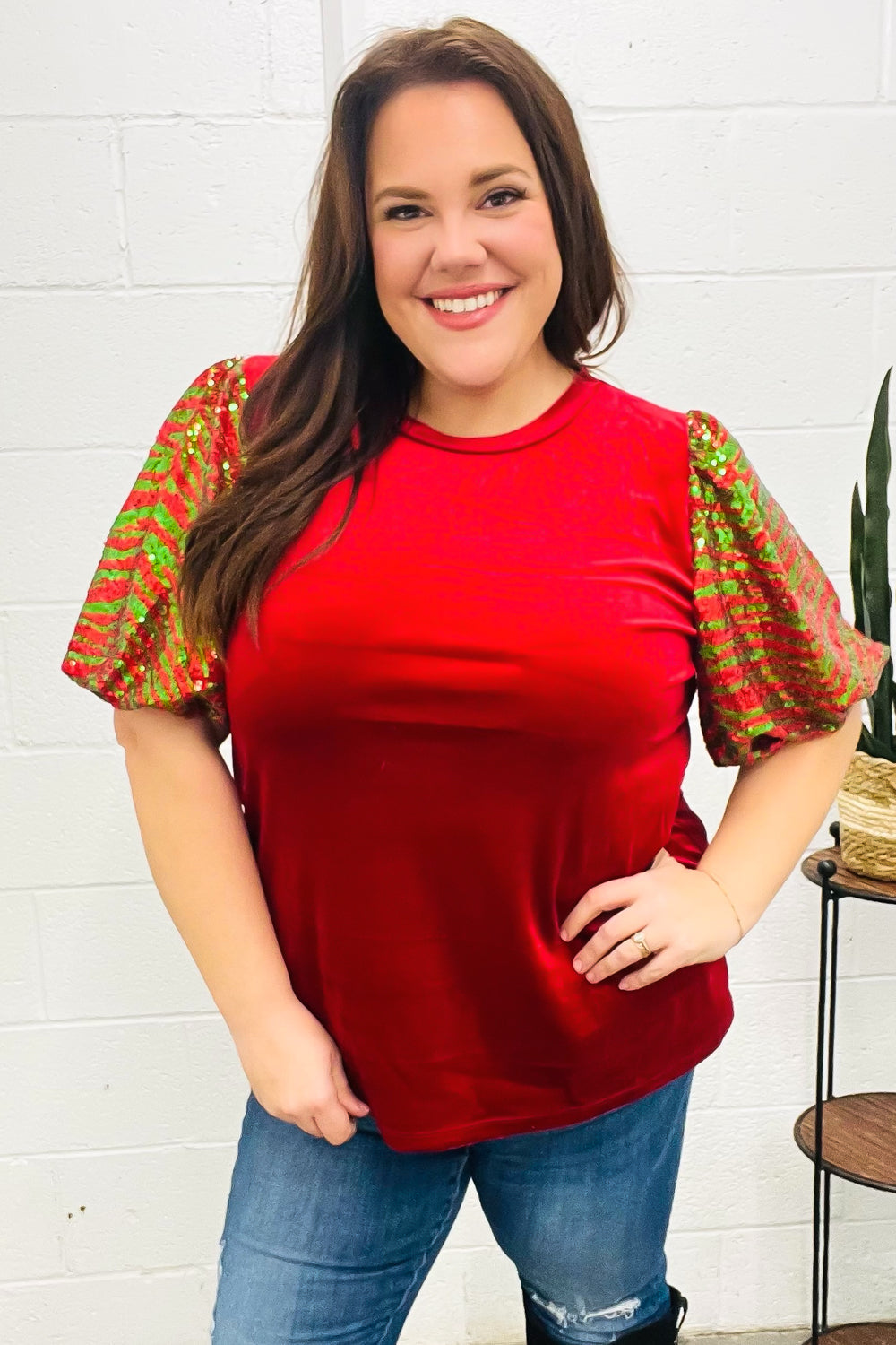 Red & Green Sequin Puff Sleeve Velvet Top