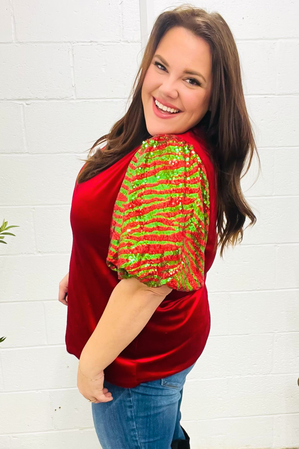 Red & Green Sequin Puff Sleeve Velvet Top