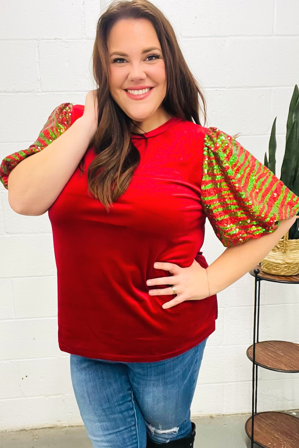 Red & Green Sequin Puff Sleeve Velvet Top