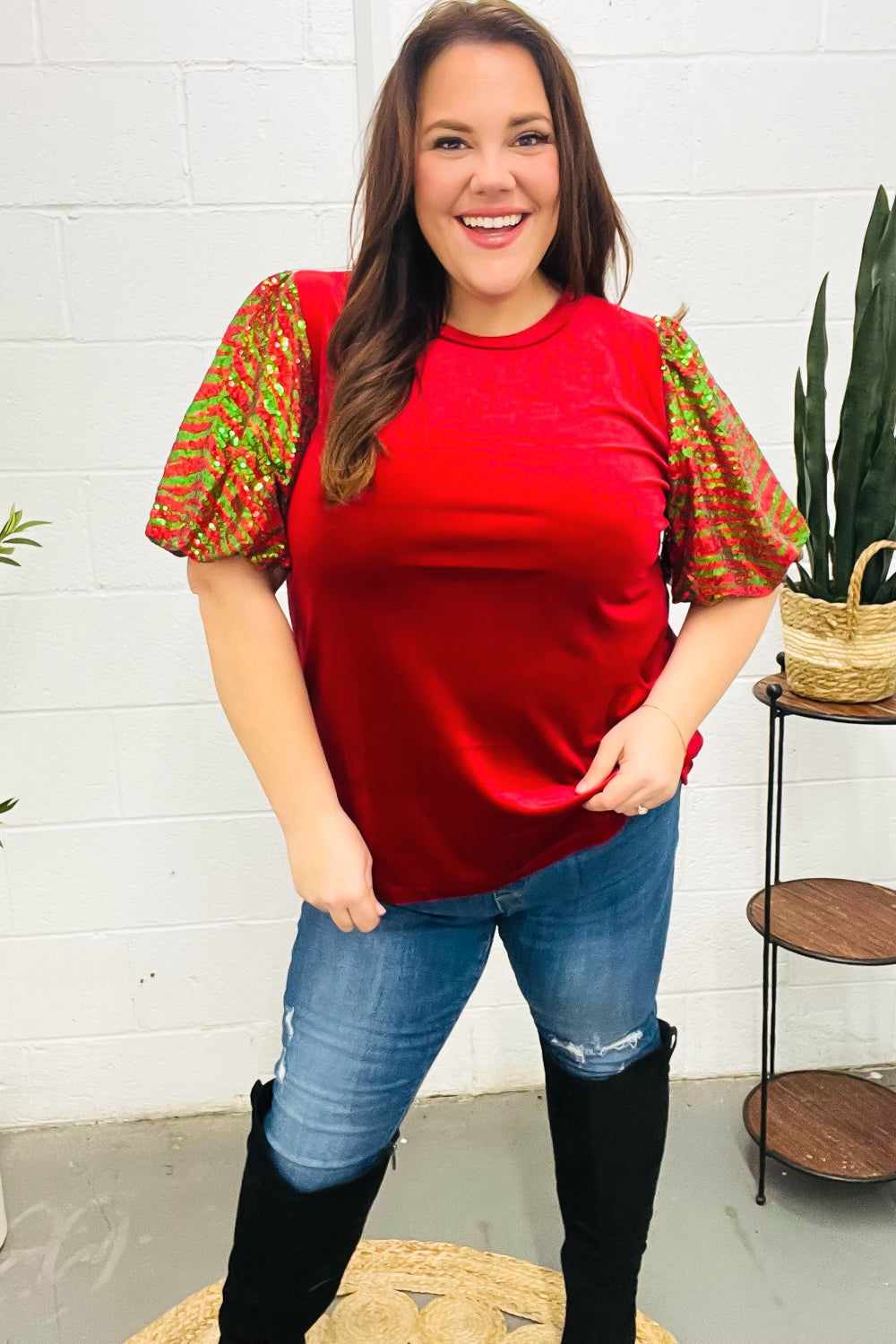 Red & Green Sequin Puff Sleeve Velvet Top