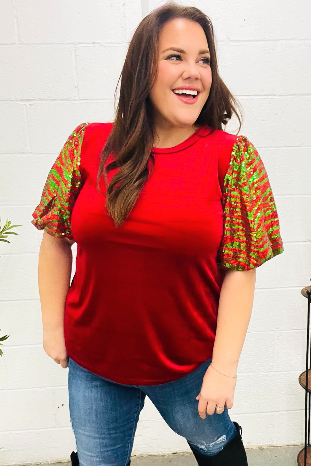 Red & Green Sequin Puff Sleeve Velvet Top