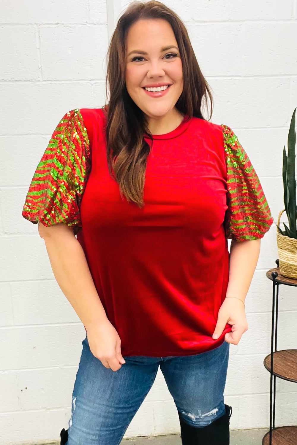 Red & Green Sequin Puff Sleeve Velvet Top