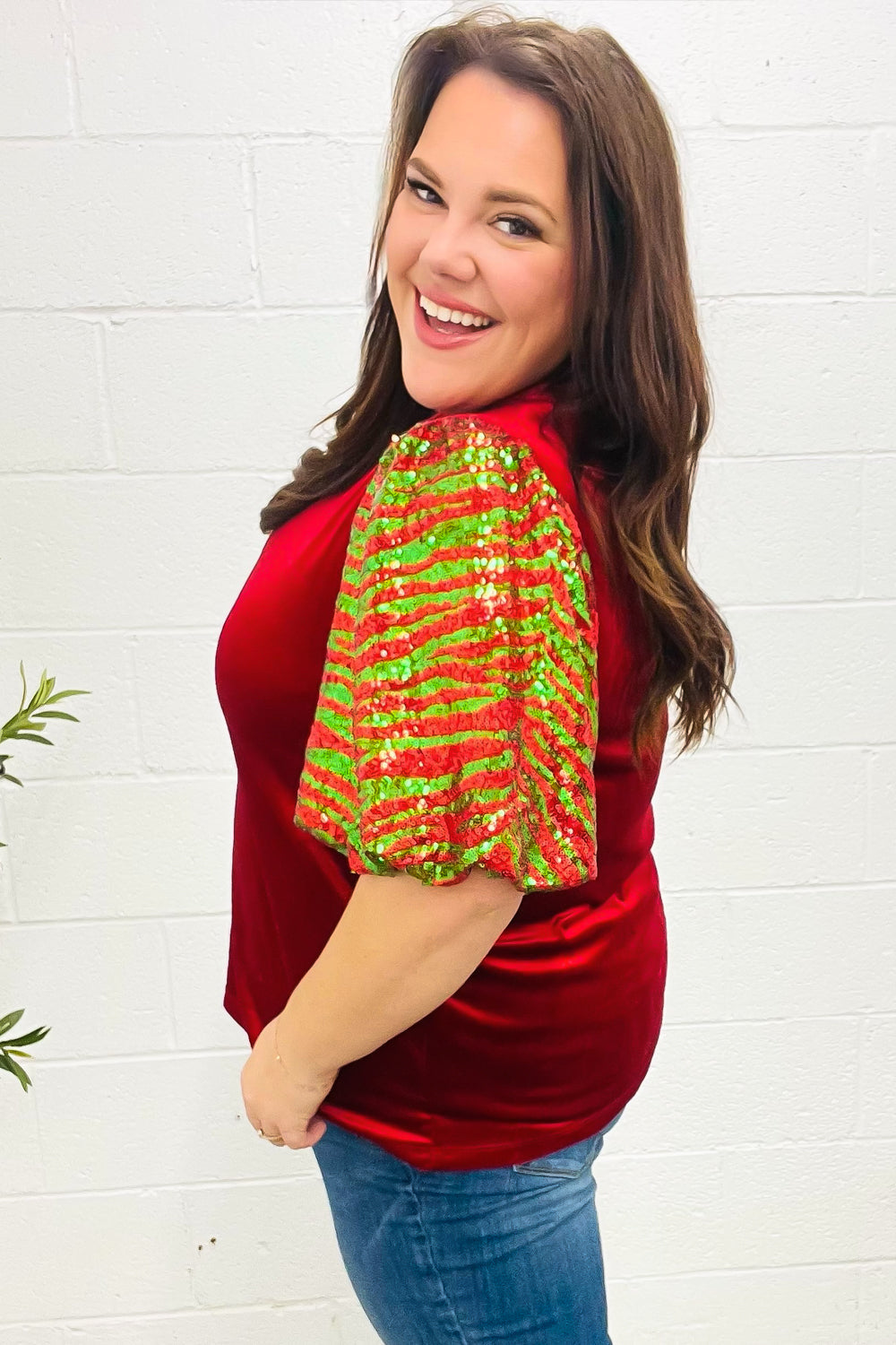 Red & Green Sequin Puff Sleeve Velvet Top