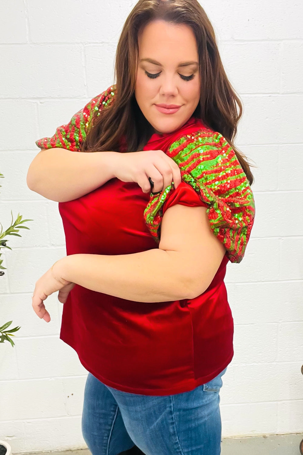 Red & Green Sequin Puff Sleeve Velvet Top