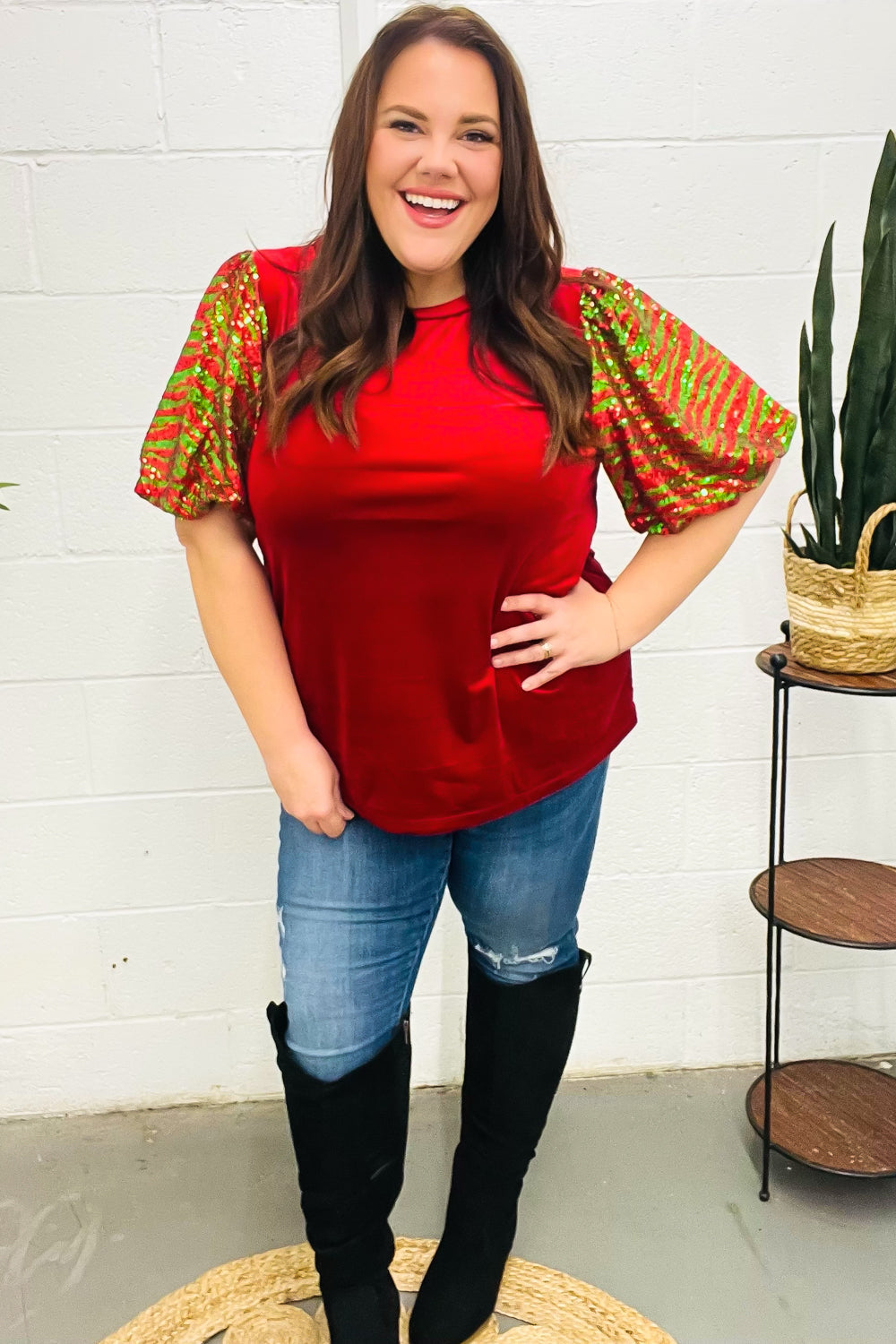 Red & Green Sequin Puff Sleeve Velvet Top