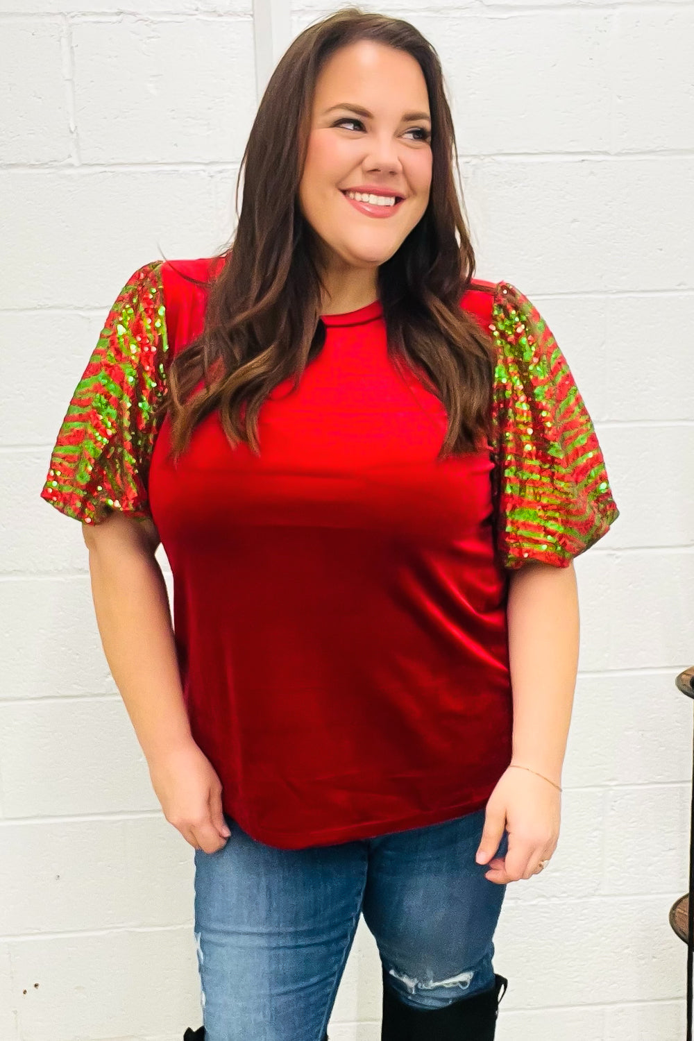 Red & Green Sequin Puff Sleeve Velvet Top