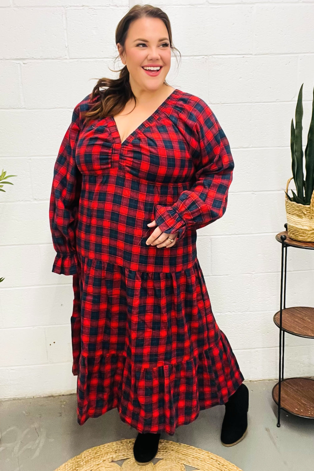 Red Plaid Elastic V Neck Tiered Maxi Dress