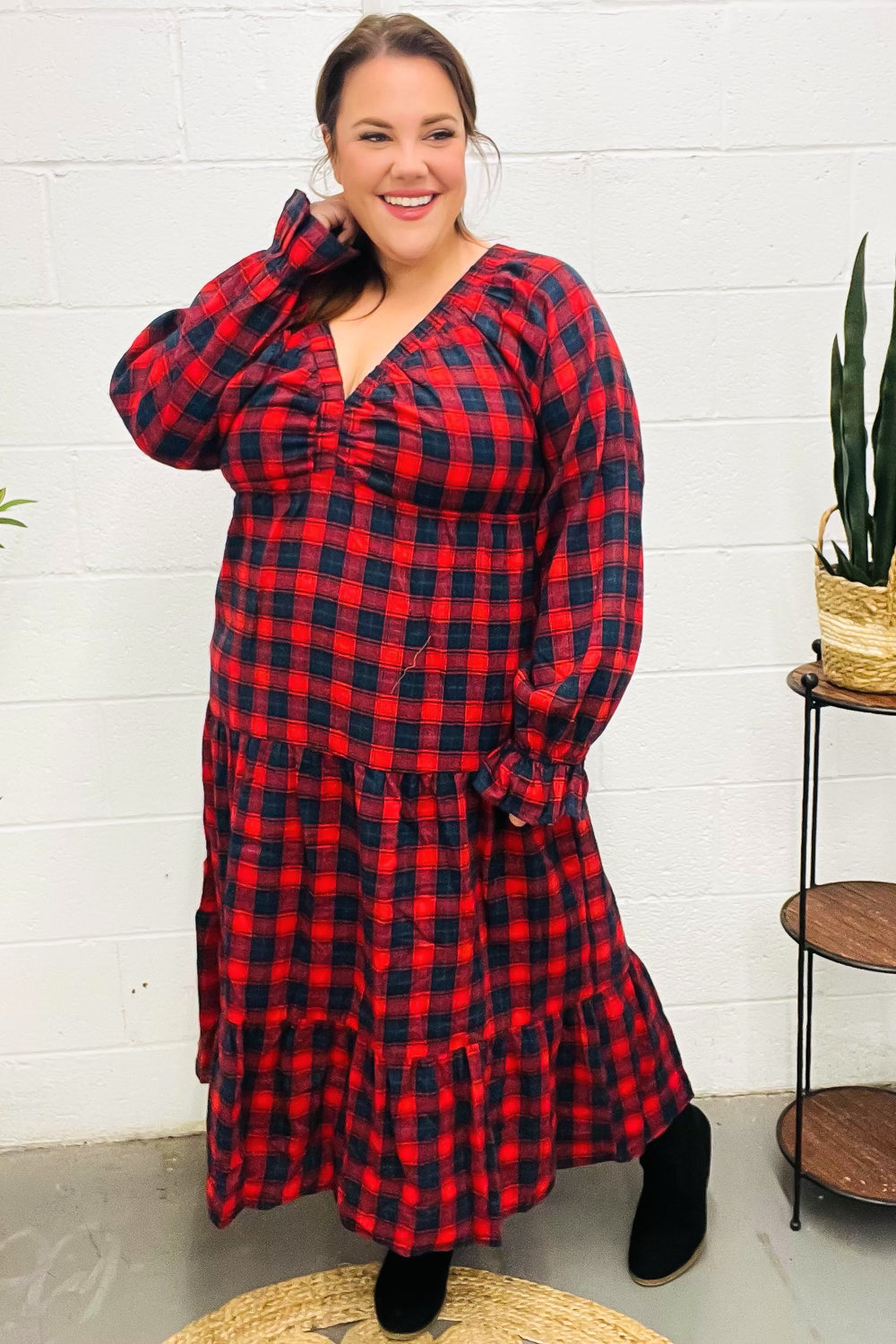 Red Plaid Elastic V Neck Tiered Maxi Dress