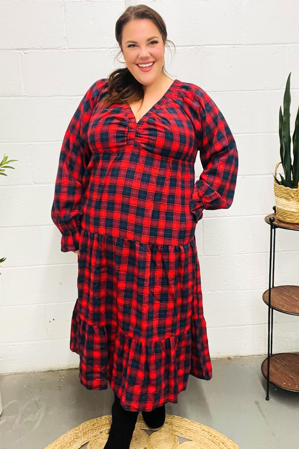 Red Plaid Elastic V Neck Tiered Maxi Dress