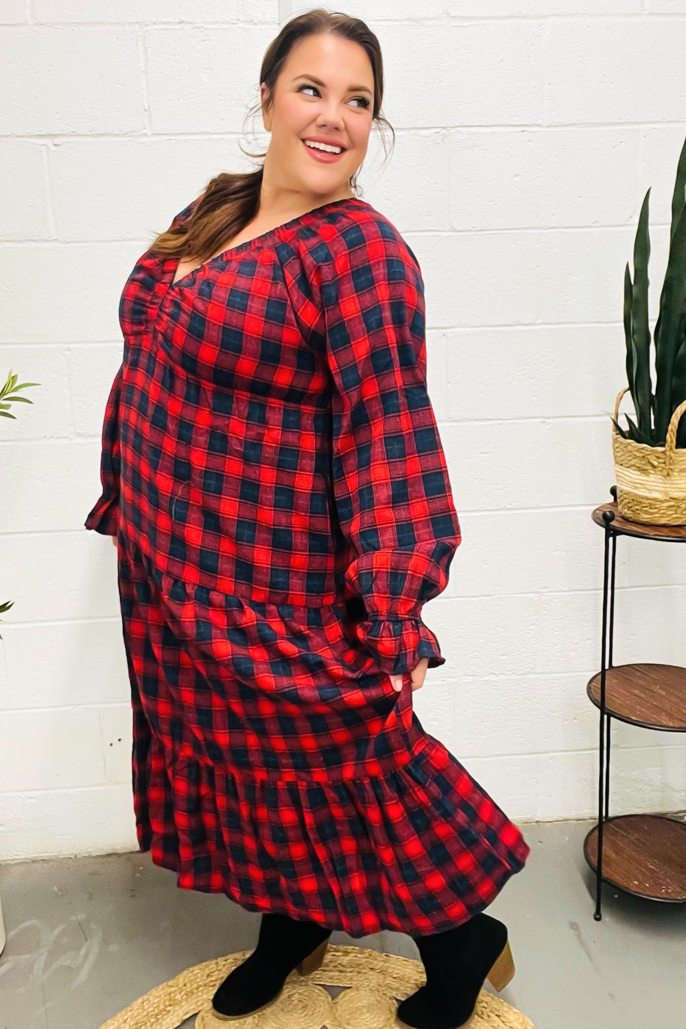 Red Plaid Elastic V Neck Tiered Maxi Dress