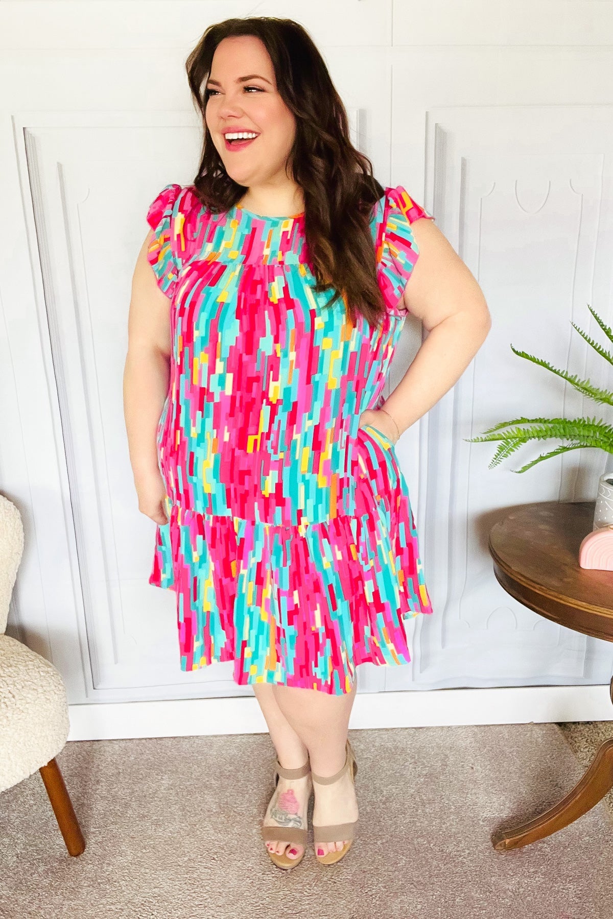 Multicolor Abstract Tiered Ruffle Sleeve Dress