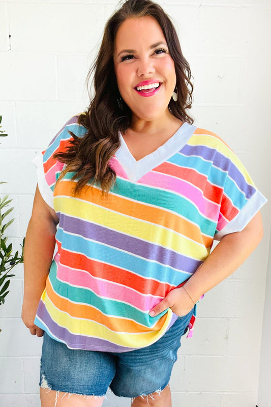 Rainbow Striped V Neck Drop Shoulder Thermal Knit Top