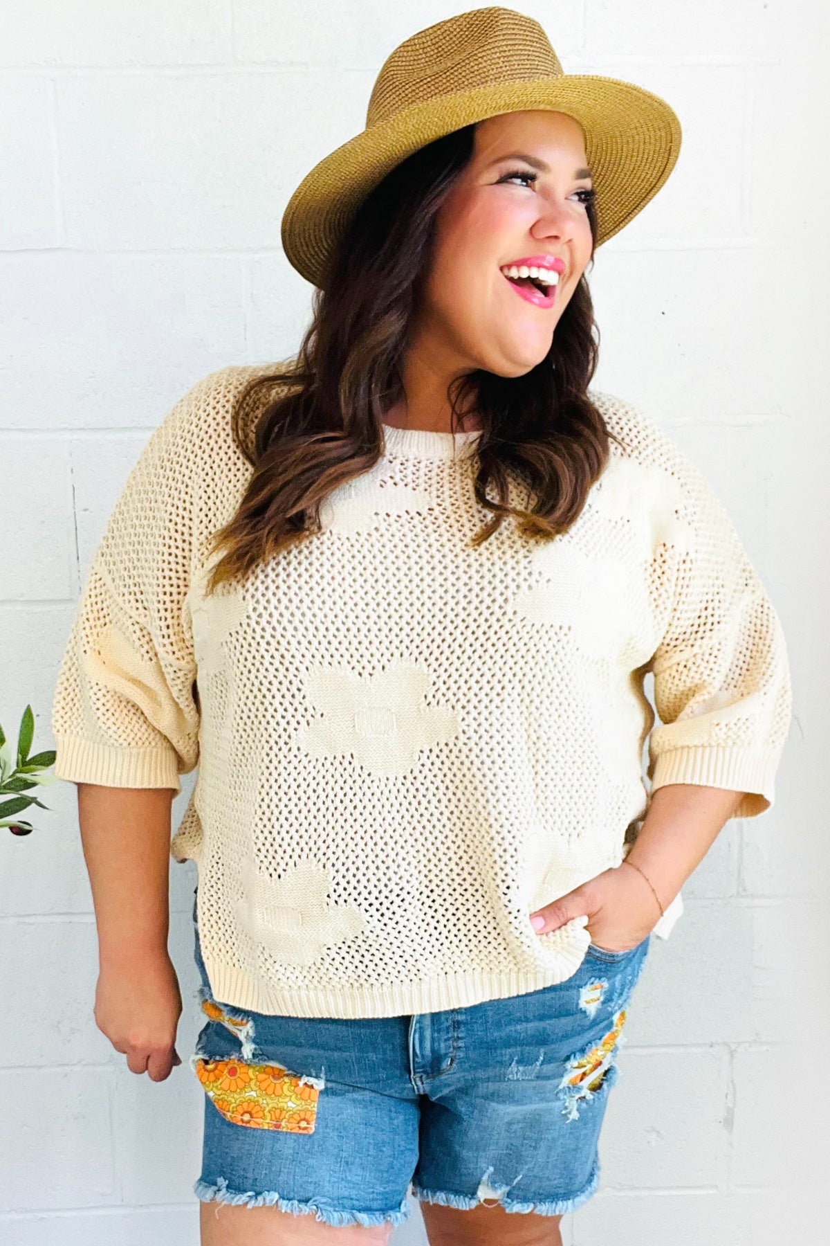 Oatmeal Floral Netted Crochet 3/4 Sleeve Sweater Top