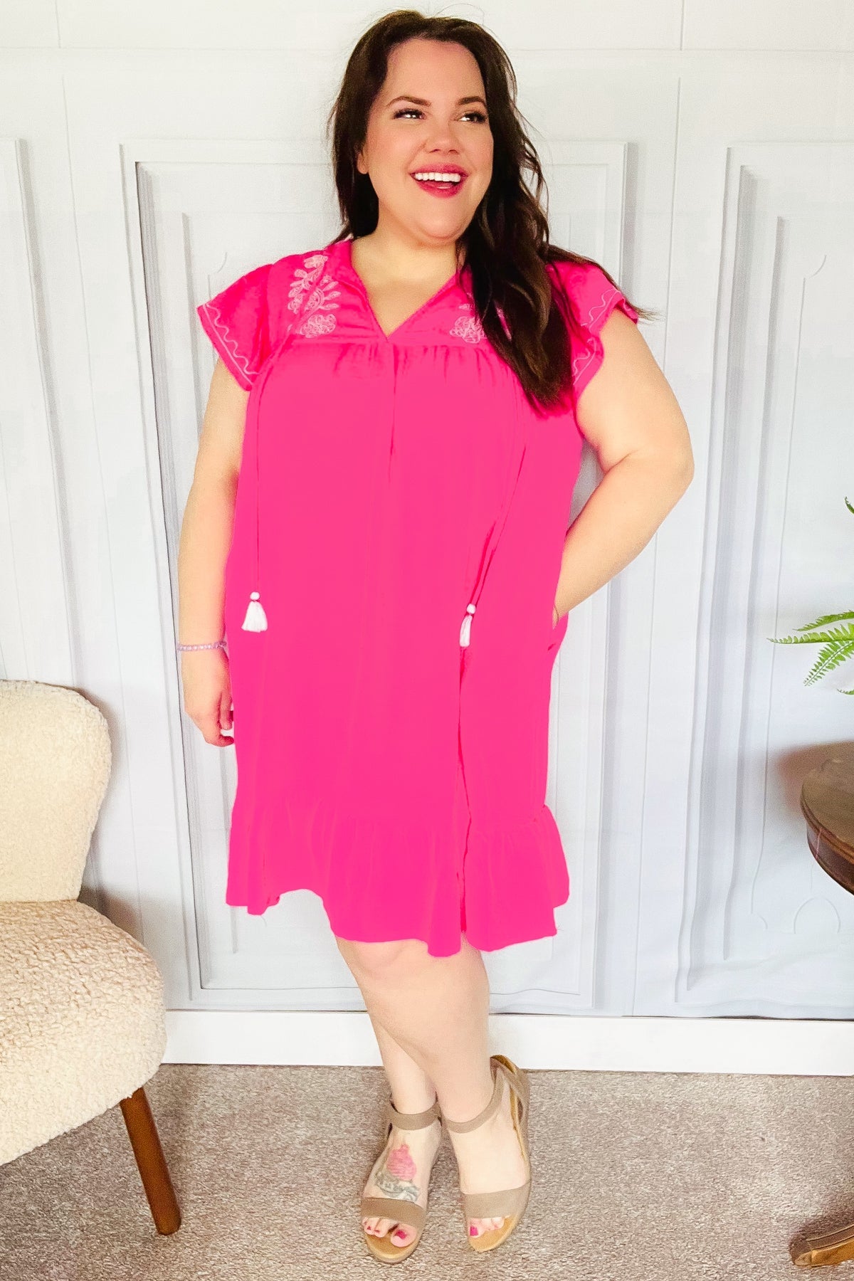 Hot Pink Embroidered Notched Neck Tassel Dress