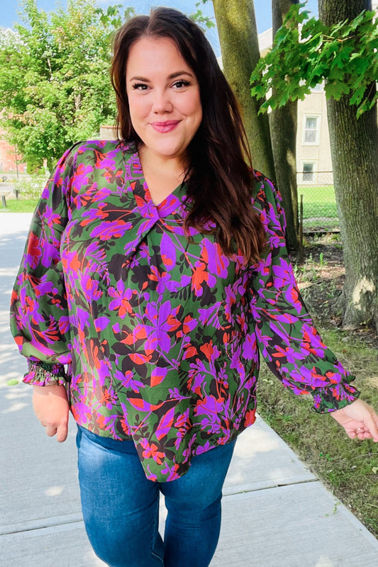 Forest Green Floral Smocked Bubble Sleeve V Neck Top