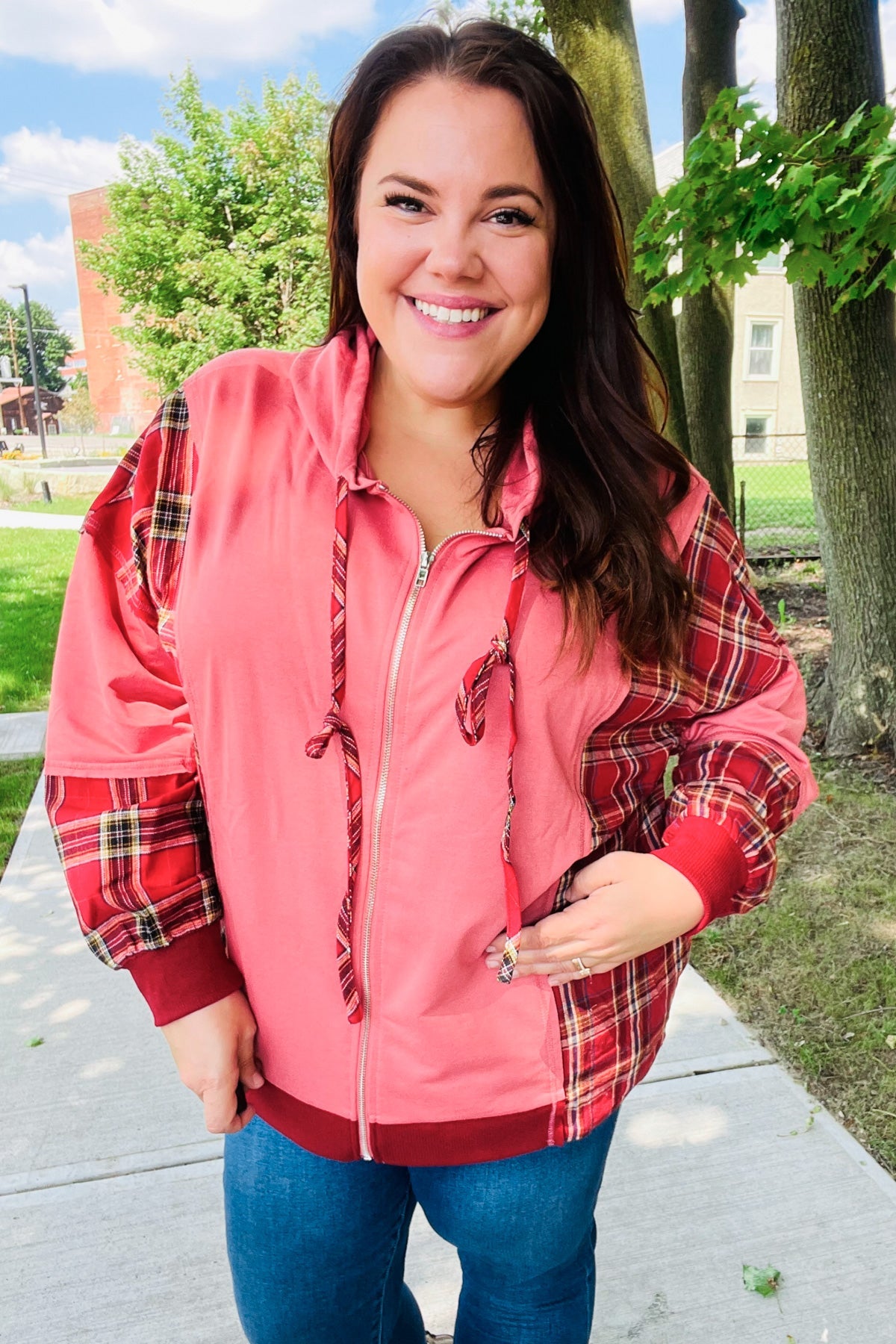 Marsala Plaid Color Block Zipper French Terry Hoodie