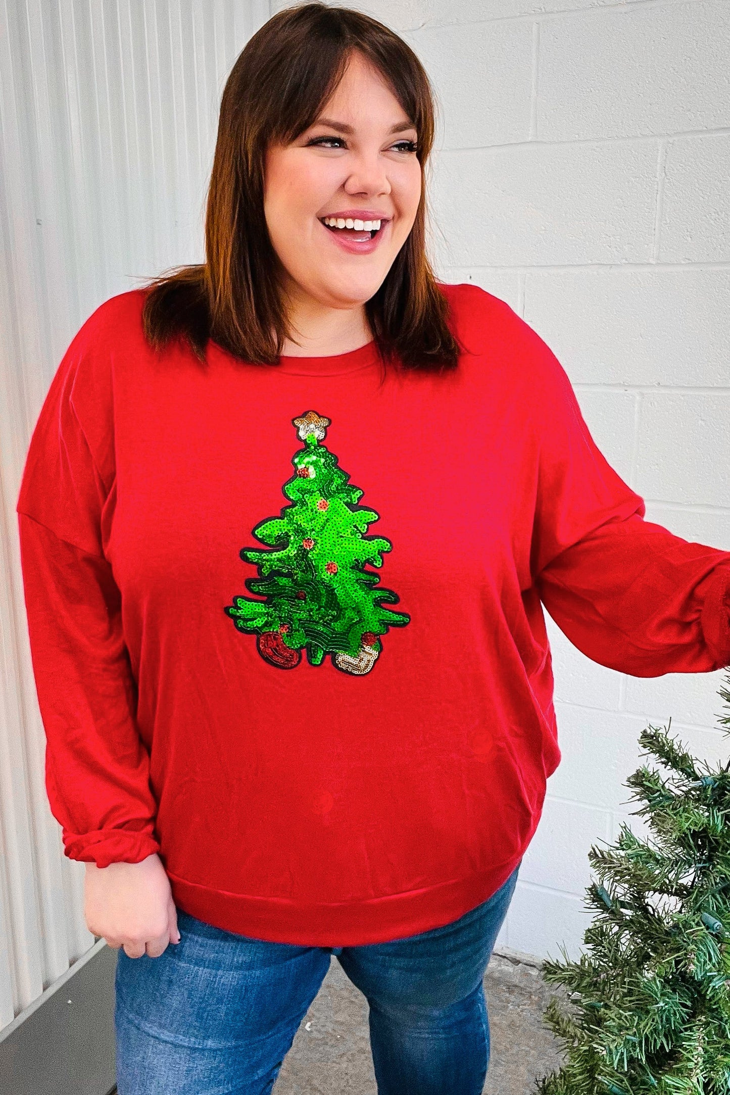 Red Sequin Christmas Tree Hacci Top