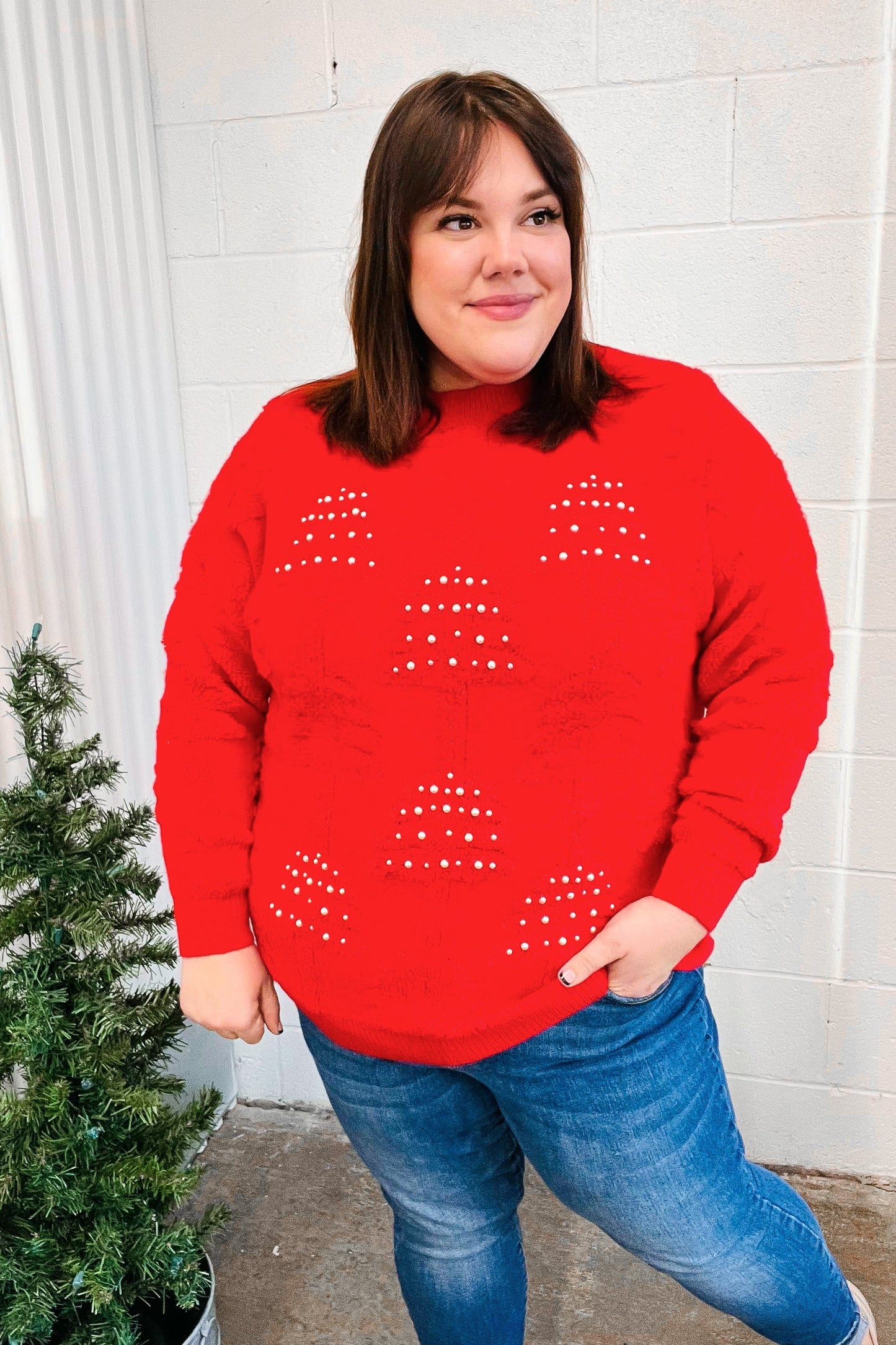 Red Pearl Christmas Tree Jacquard Sweater