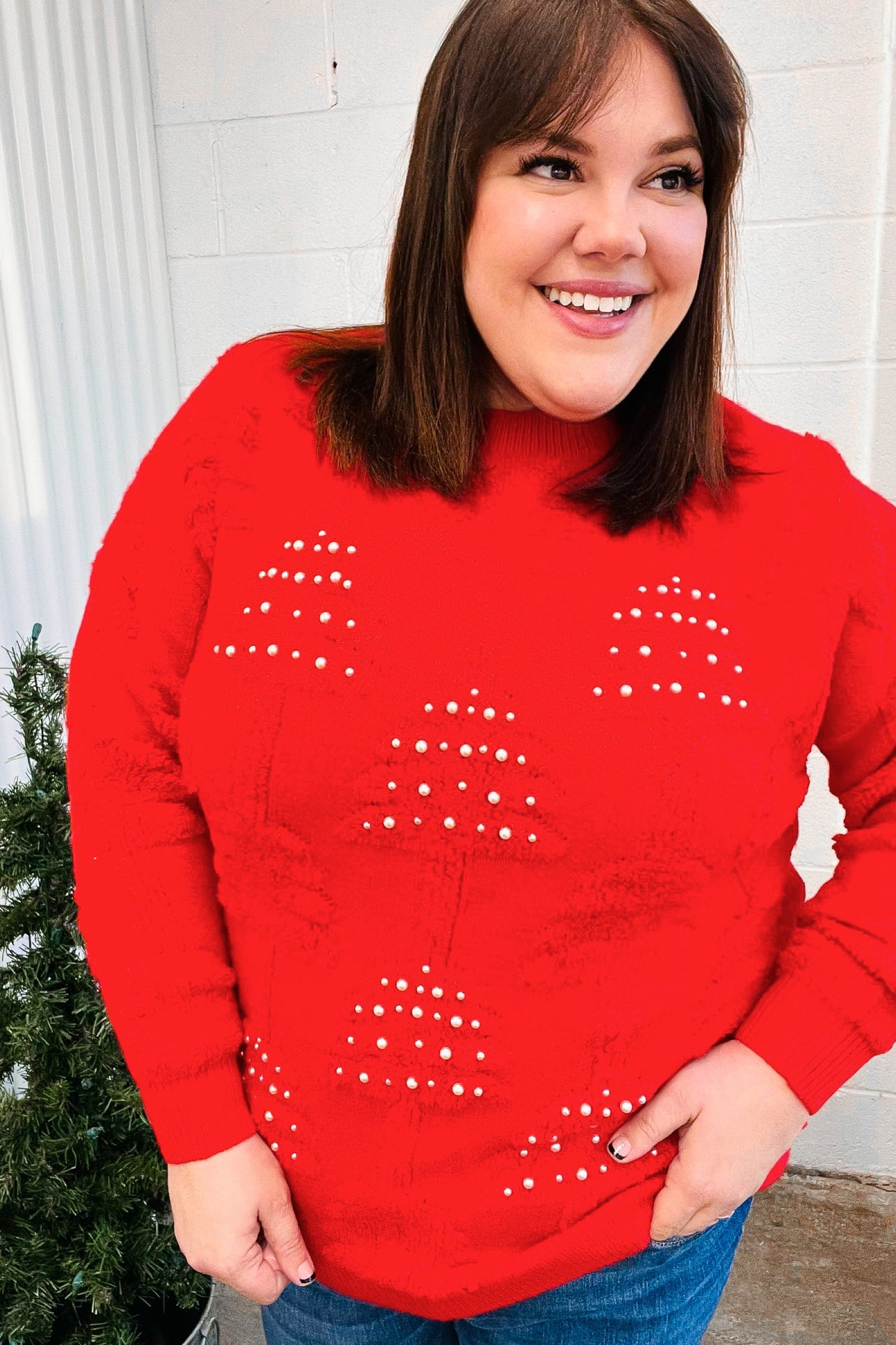 Red Pearl Christmas Tree Jacquard Sweater