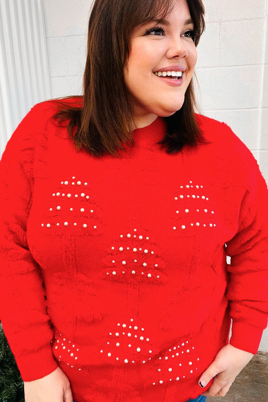 Red Pearl Christmas Tree Jacquard Sweater