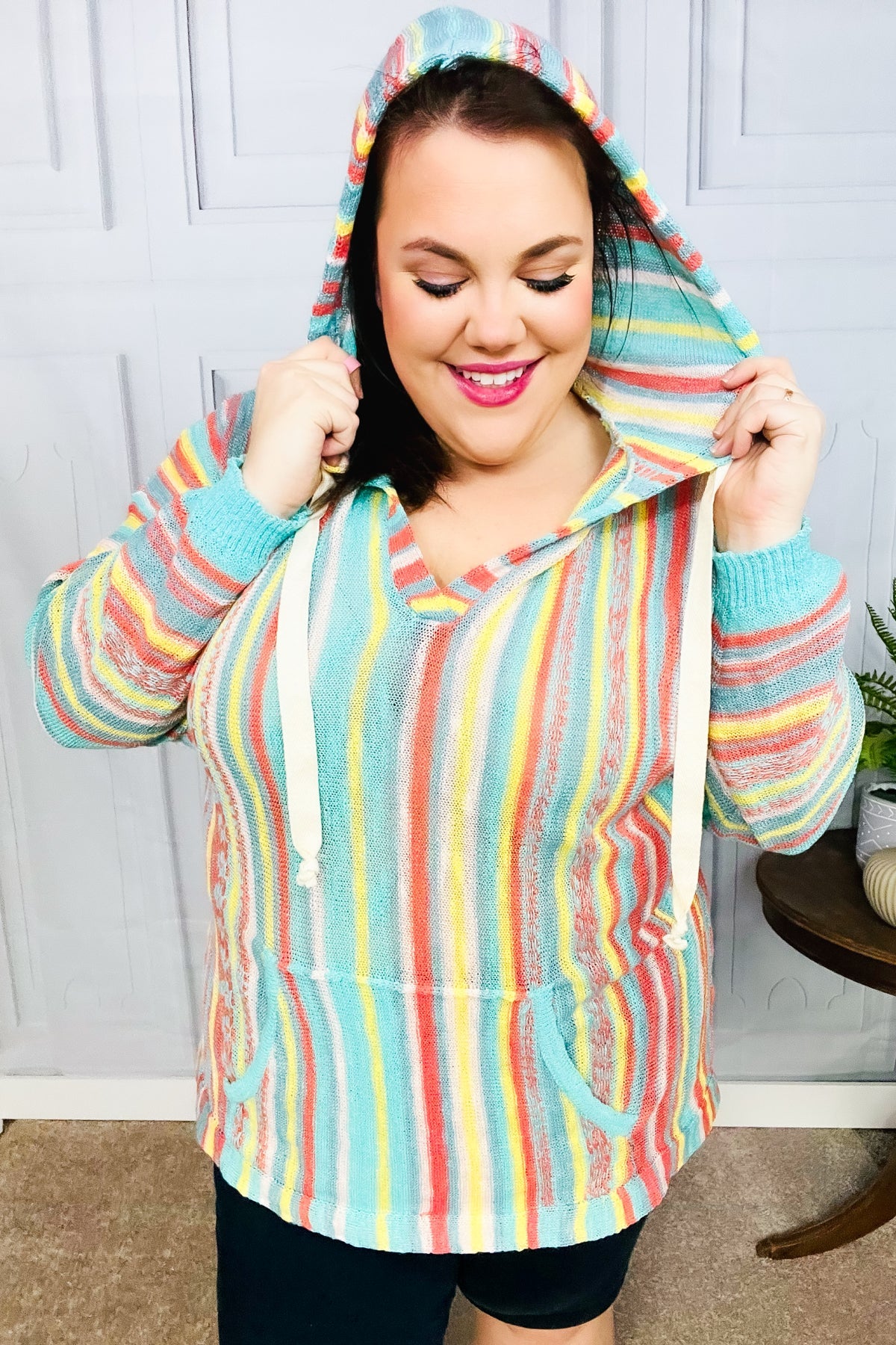Mint Multicolor Stripe Pullover Notched Hoodie