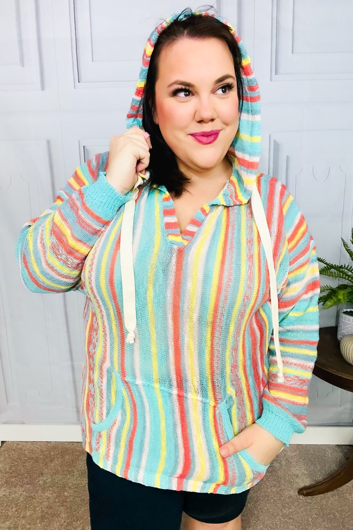 Mint Multicolor Stripe Pullover Notched Hoodie