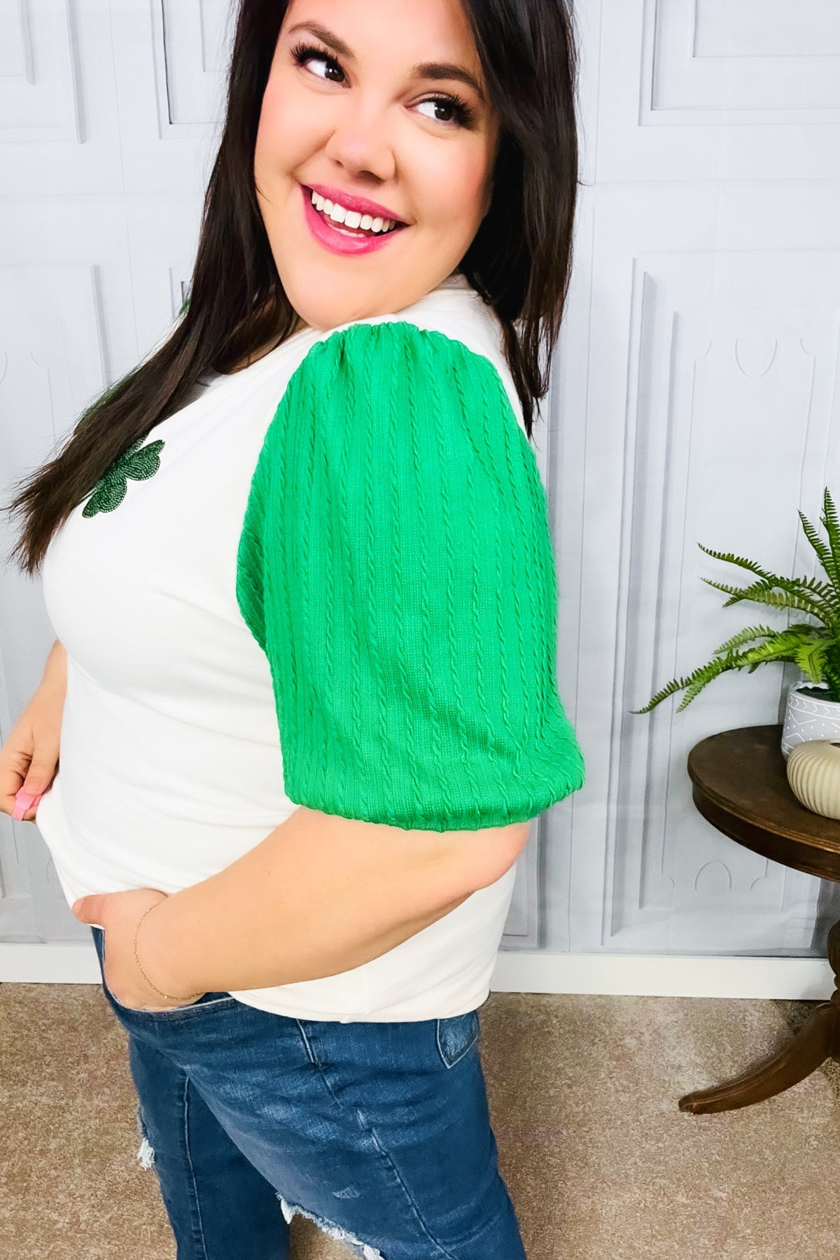 Clover Oatmeal Cable Knit Puff Sleeve Top