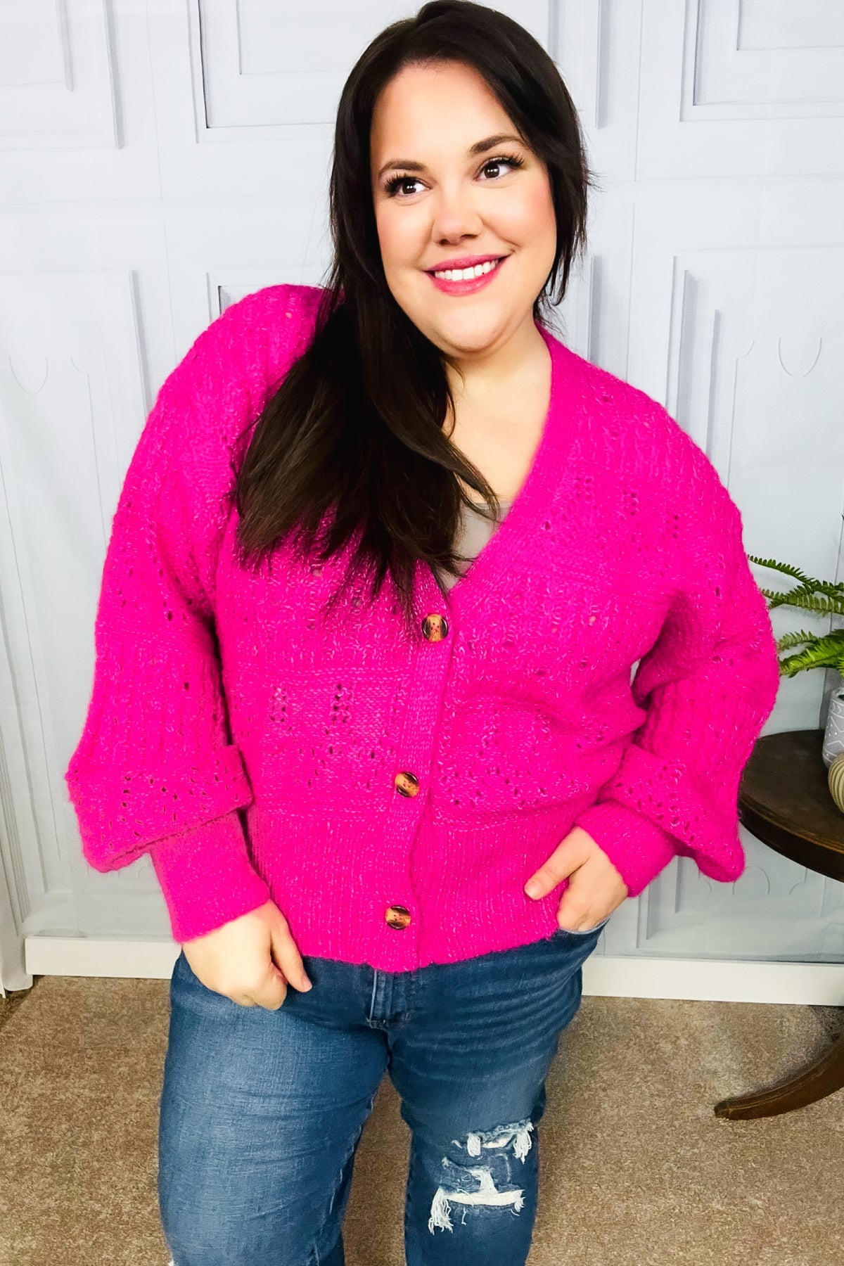 Pink Button Down Pointelle Knit Cardigan