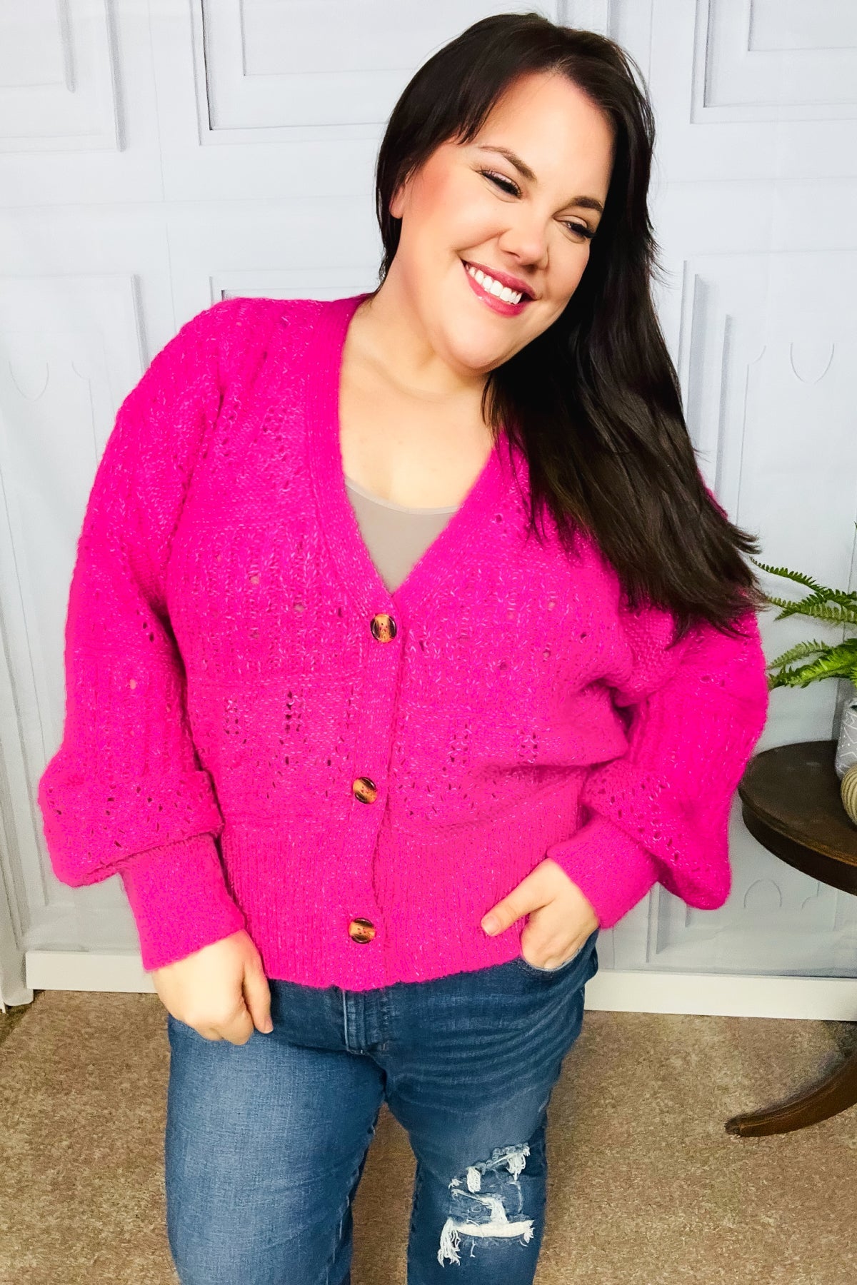 Pink Button Down Pointelle Knit Cardigan