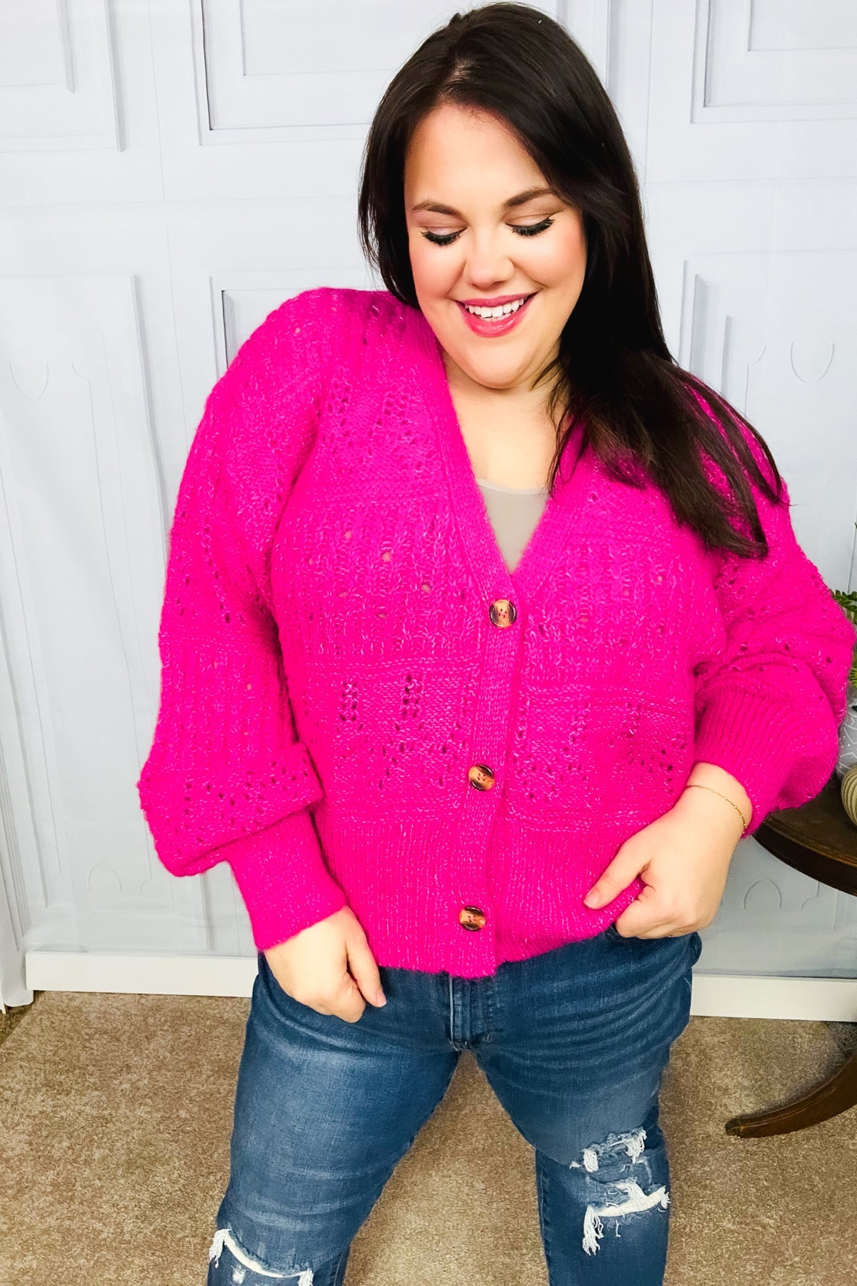 Pink Button Down Pointelle Knit Cardigan