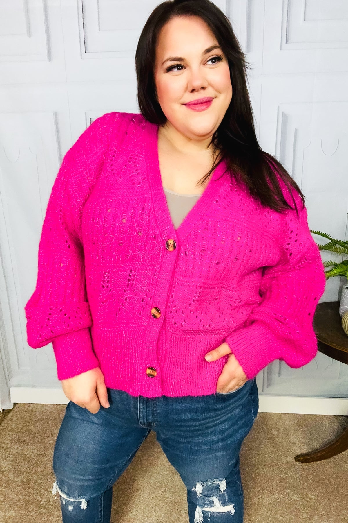 Pink Button Down Pointelle Knit Cardigan