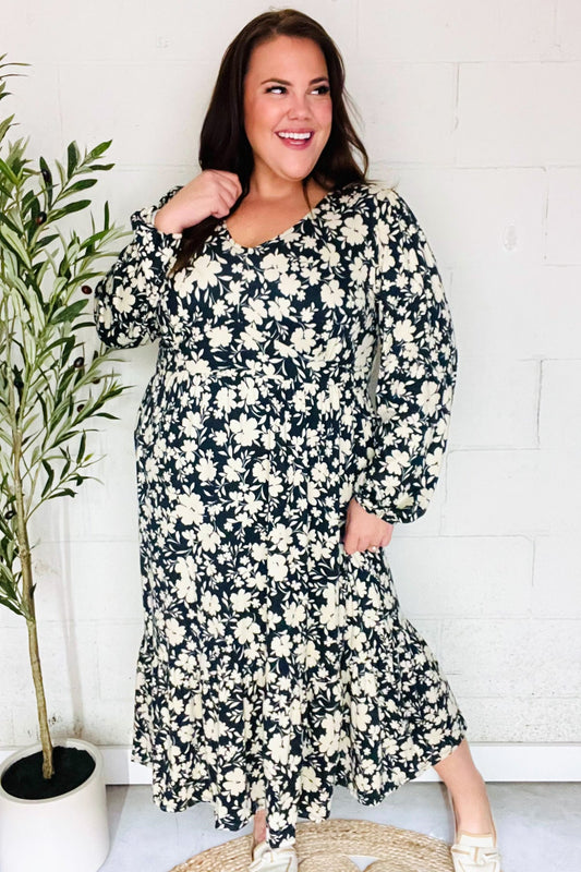 Charcoal Vintage Floral V Neck Ruffle Hem Midi Dress