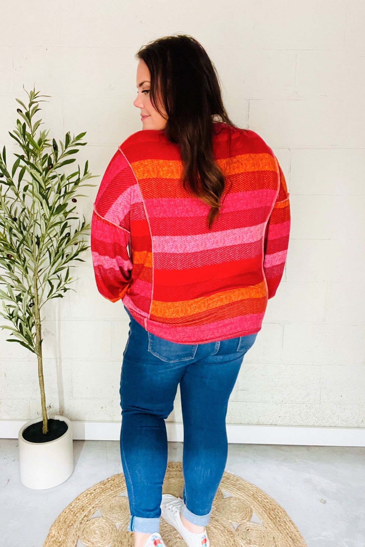 Magenta Striped Button Down Placket Collared Top