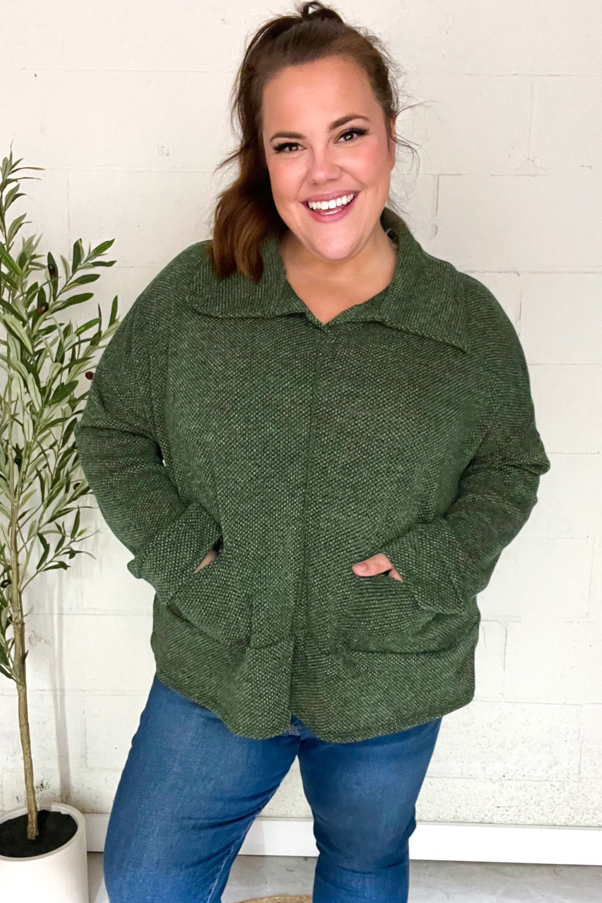 Olive Textured Knit Notch Neck Oversized Collar Sweater